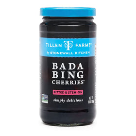 Tillen Farms Bada Bing cherries jar closeup; glossy fruit ready to enjoy.