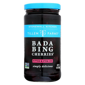 Tillen Farms Bada Bing cherries jar-front view, premium allergen-free snack option.