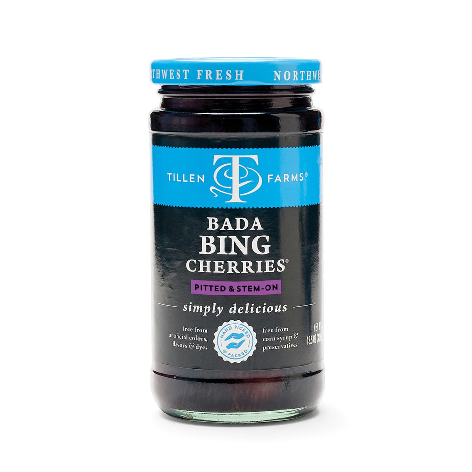 Tillen Farms Bada Bing cherries jar, pitted with stems, ideal for snacking