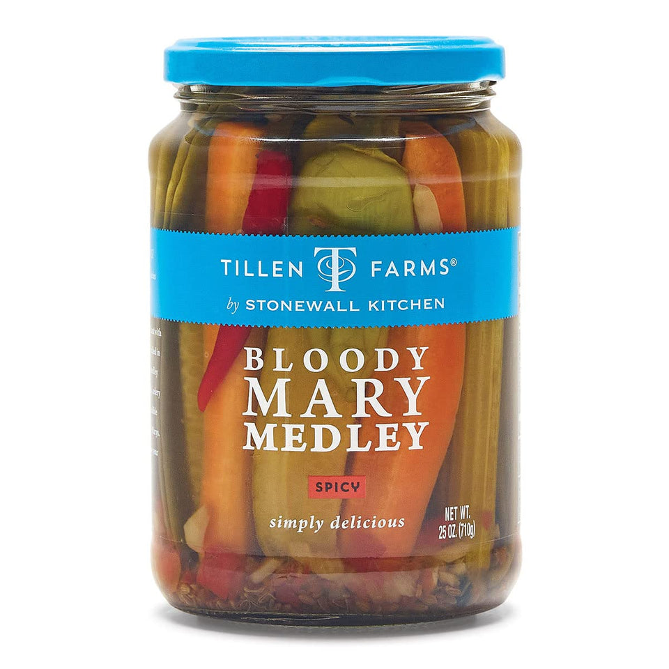Tillen Farms Bloody Mary Medley bottle with colorful garnishes for cocktails.