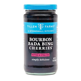 Tillen Farms Bourbon Bada Bing cherries in a jar, ideal for cocktails and desserts.