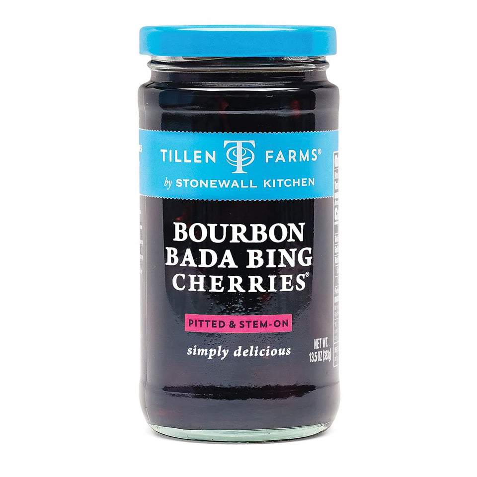 Tillen Farms Bourbon Bada Bing cherries in a jar, ideal for cocktails and desserts.