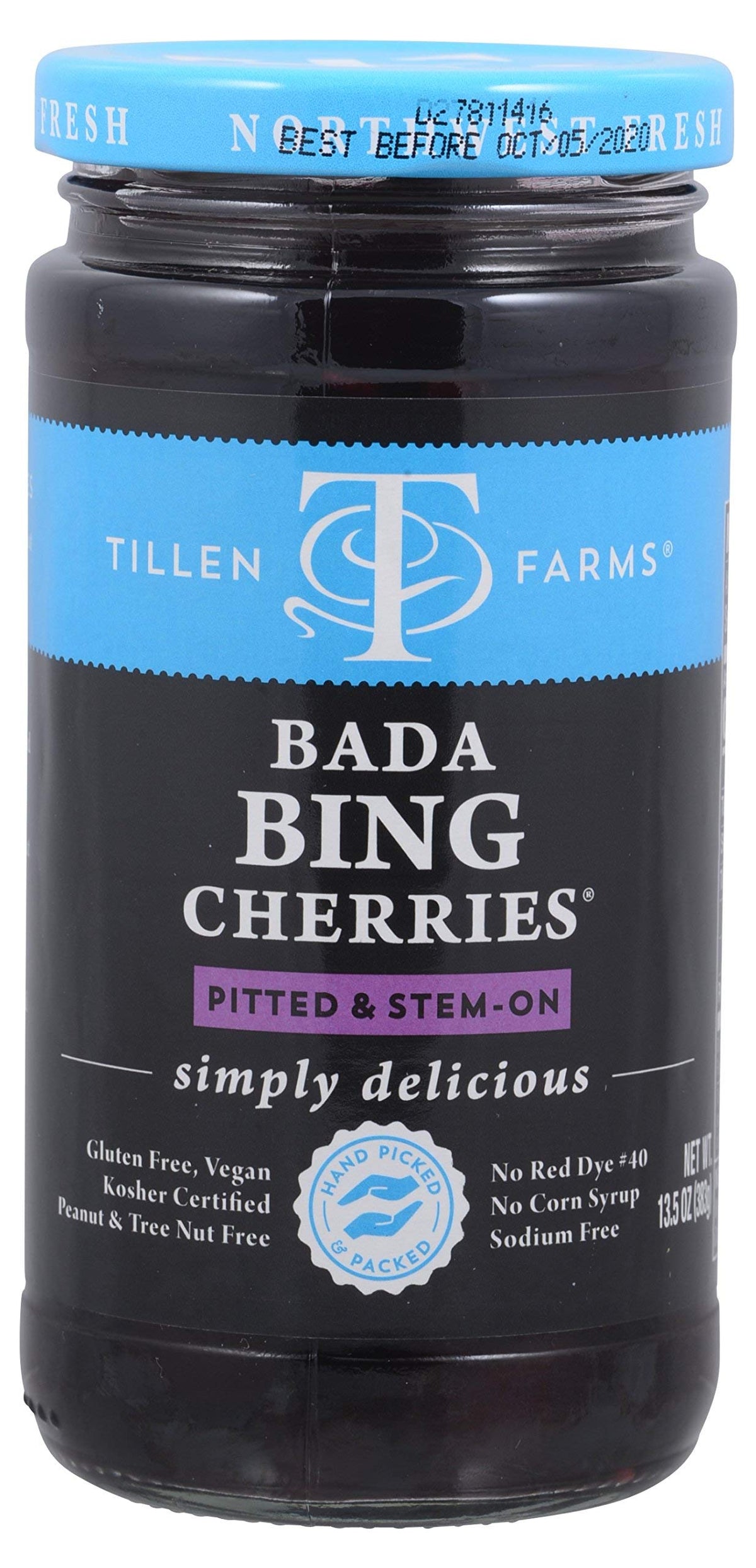 Tillen Farms Cherries Bada Bing jar front, ready to serve as a snack or garnish