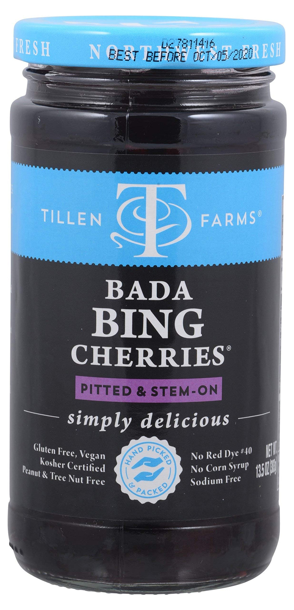 Tillen Farms Cherries Bada Bing jar front, ready to serve as a snack or garnish