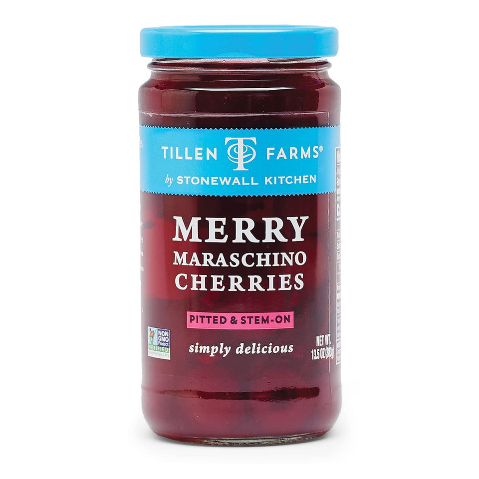 Tillen Farms Merry Maraschino Cherries jar on a sundae, a glossy topping for desserts