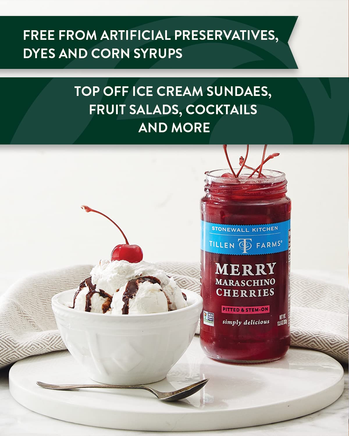 Tillen Farms Merry Maraschino Cherries closeup shows vibrant red gloss for premium appeal