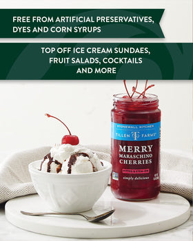Tillen Farms Merry Maraschino Cherries closeup shows vibrant red gloss for premium appeal
