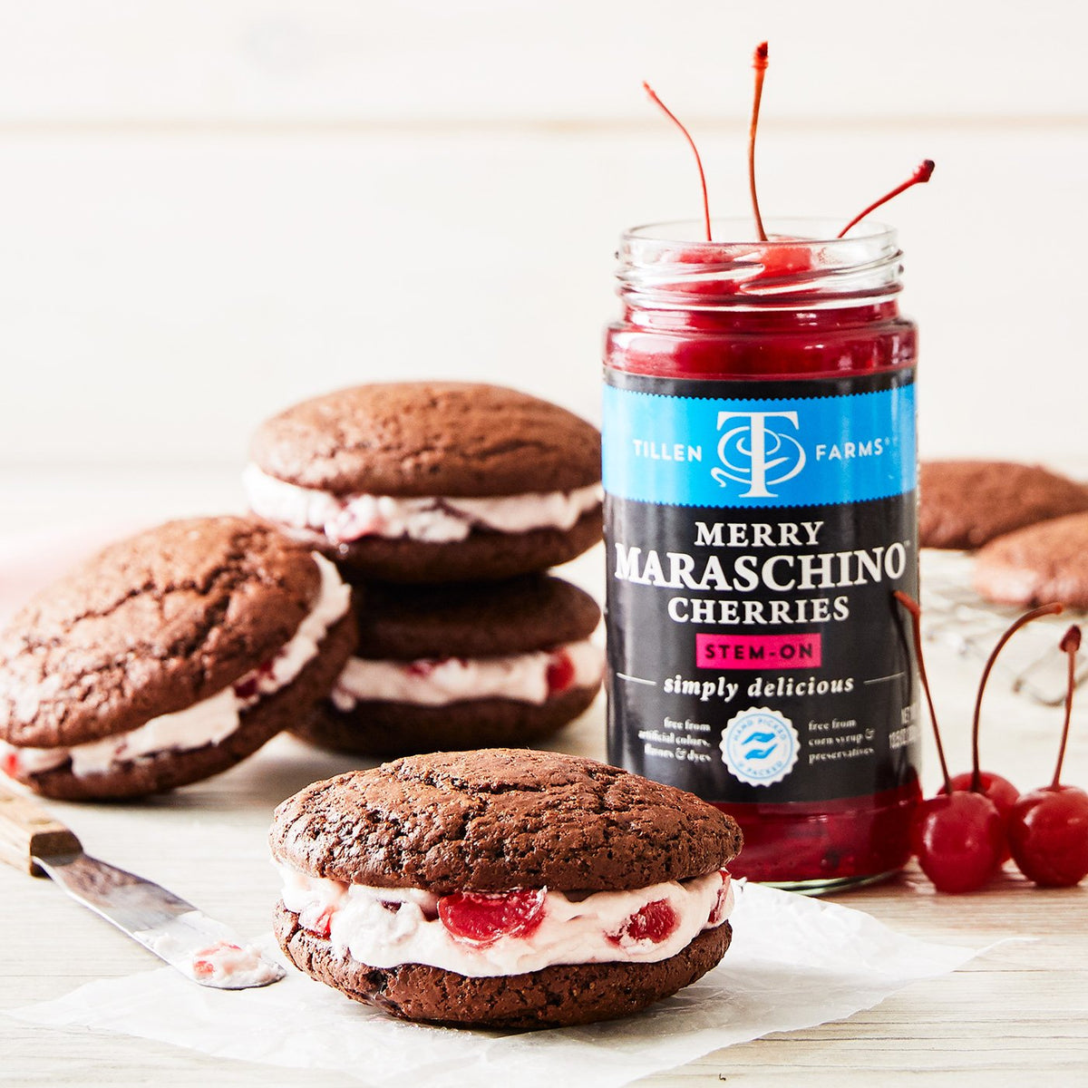 Tillen Farms Merry Maraschino Cherries in a bowl with stems for easy dessert prep
