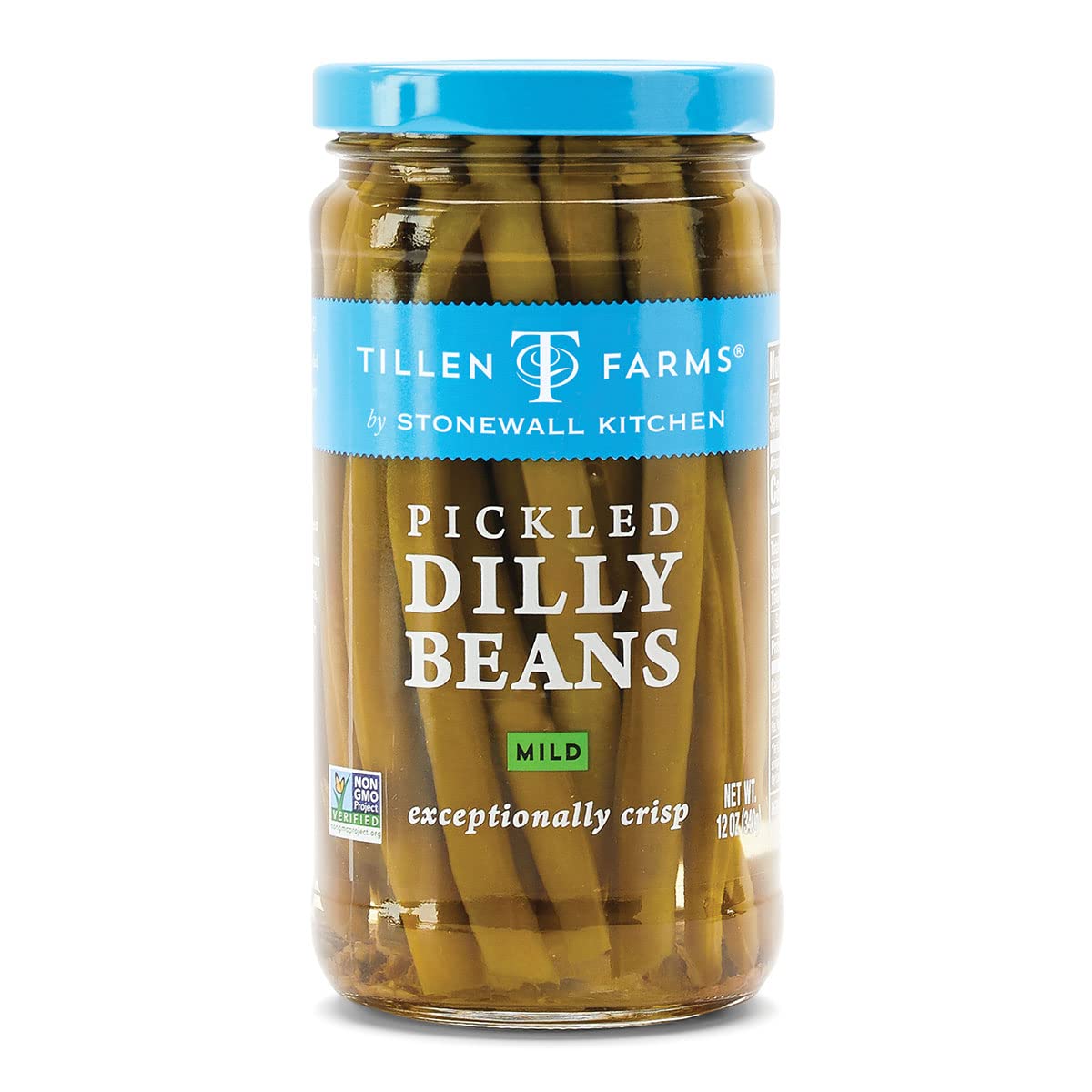 Tillen Farms Mild Dilly Beans in dill brine offering crisp, tangy flavor.