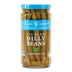 Tillen Farms Mild Dilly Beans in dill brine offering crisp, tangy flavor.