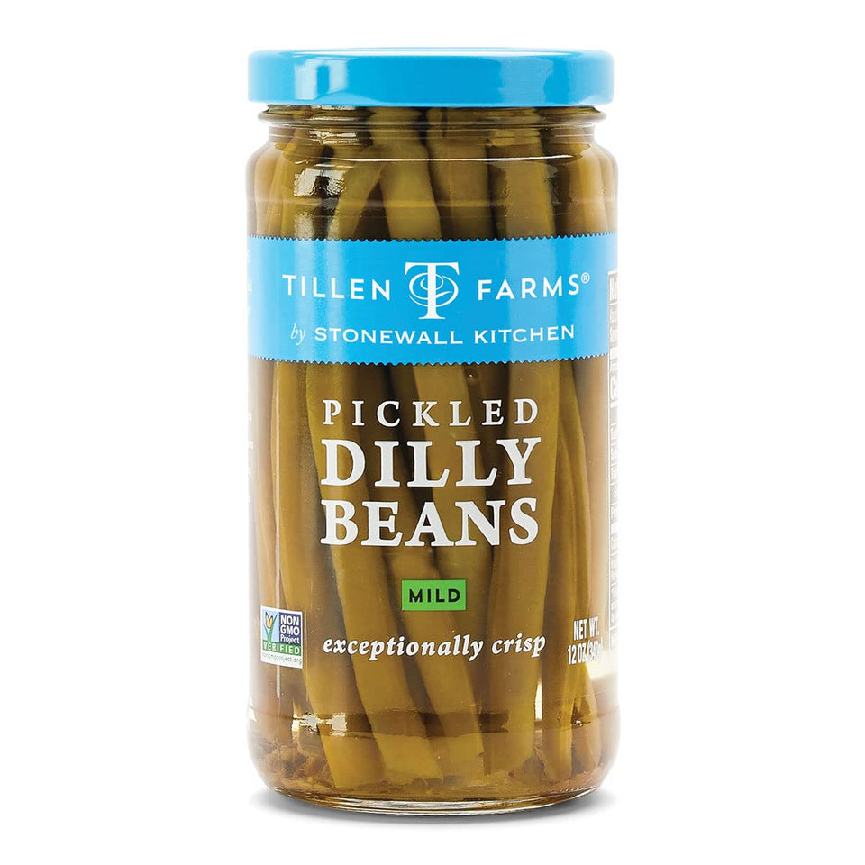 Tillen Farms Mild Dilly Beans in dill brine offering crisp, tangy flavor.
