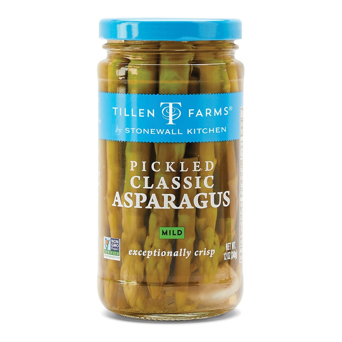 Tillen Farms Mild Pickled Asparagus jar shows crisp texture ideal for snacking