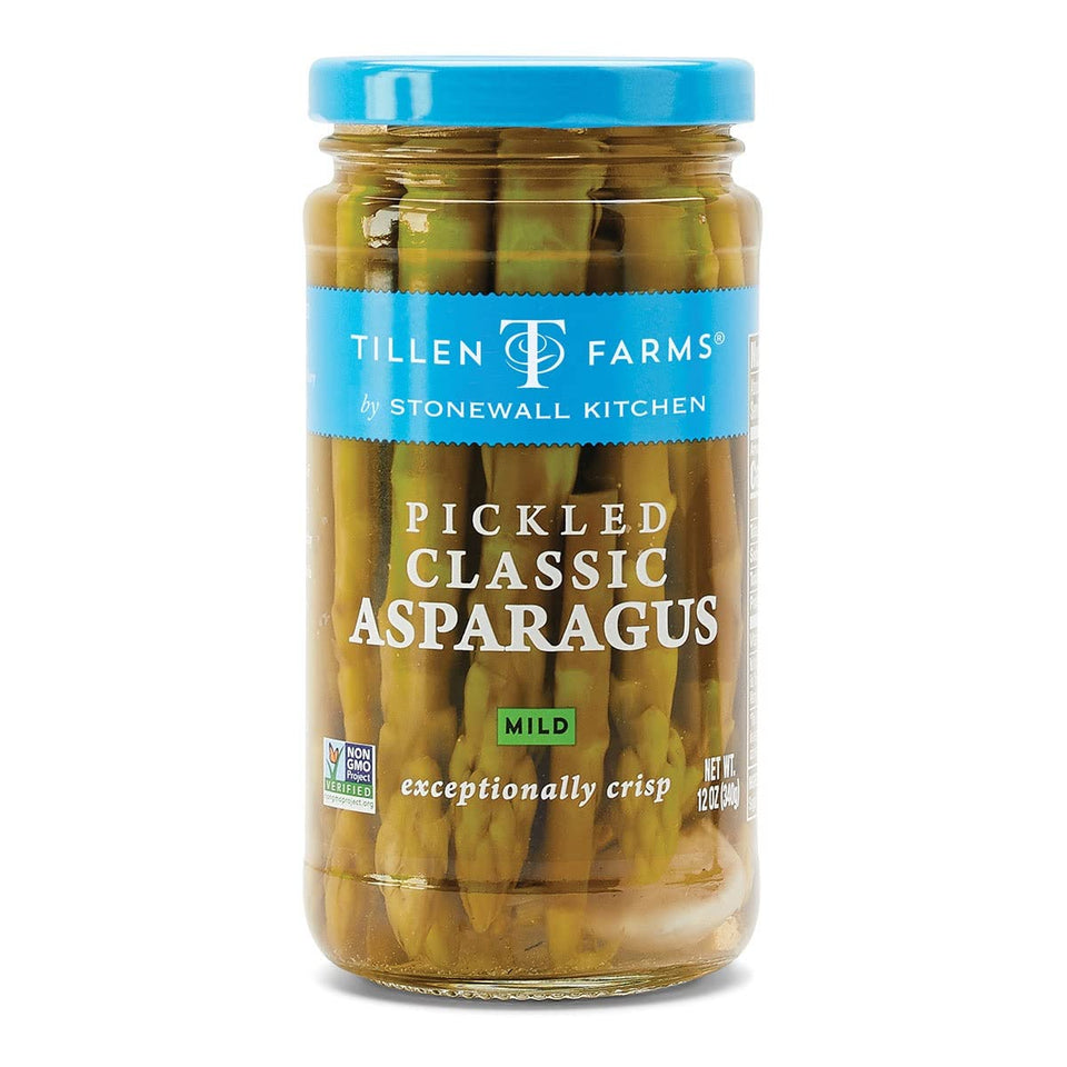 Tillen Farms Mild Pickled Asparagus jar shows crisp texture ideal for snacking
