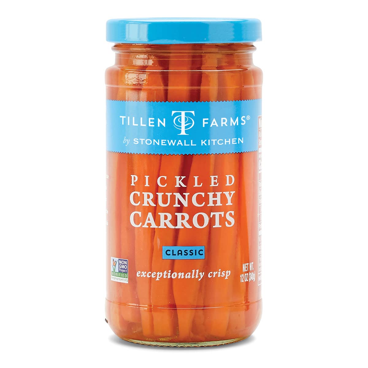Tillen Farms Pickled Crunchy Carrots jar close-up for snack appeal.