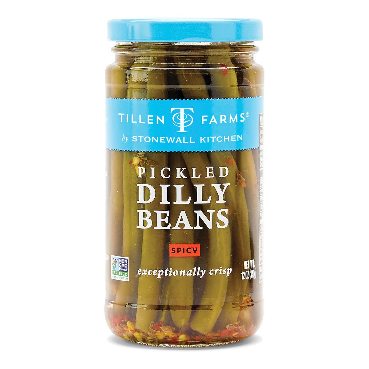 Tillen Farms Pickled Hot and Spicy Dilly Beans close-up shows crisp texture for snacking