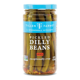 Tillen Farms Pickled Hot and Spicy Dilly Beans close-up shows crisp texture for snacking