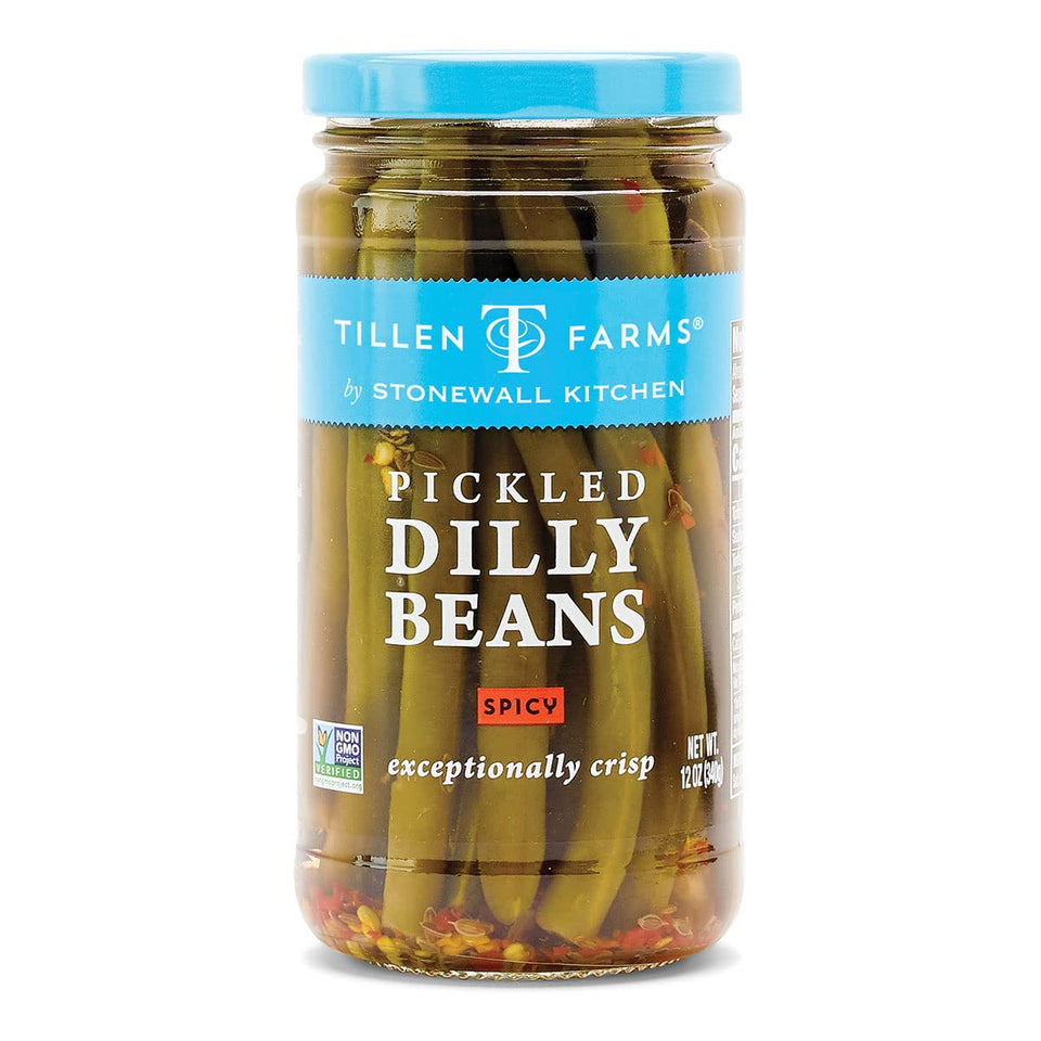 Tillen Farms Pickled Hot and Spicy Dilly Beans close-up shows crisp texture for snacking