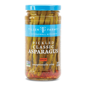 Tillen Farms Spicy Pickled Asparagus jar front view for quick snacking.