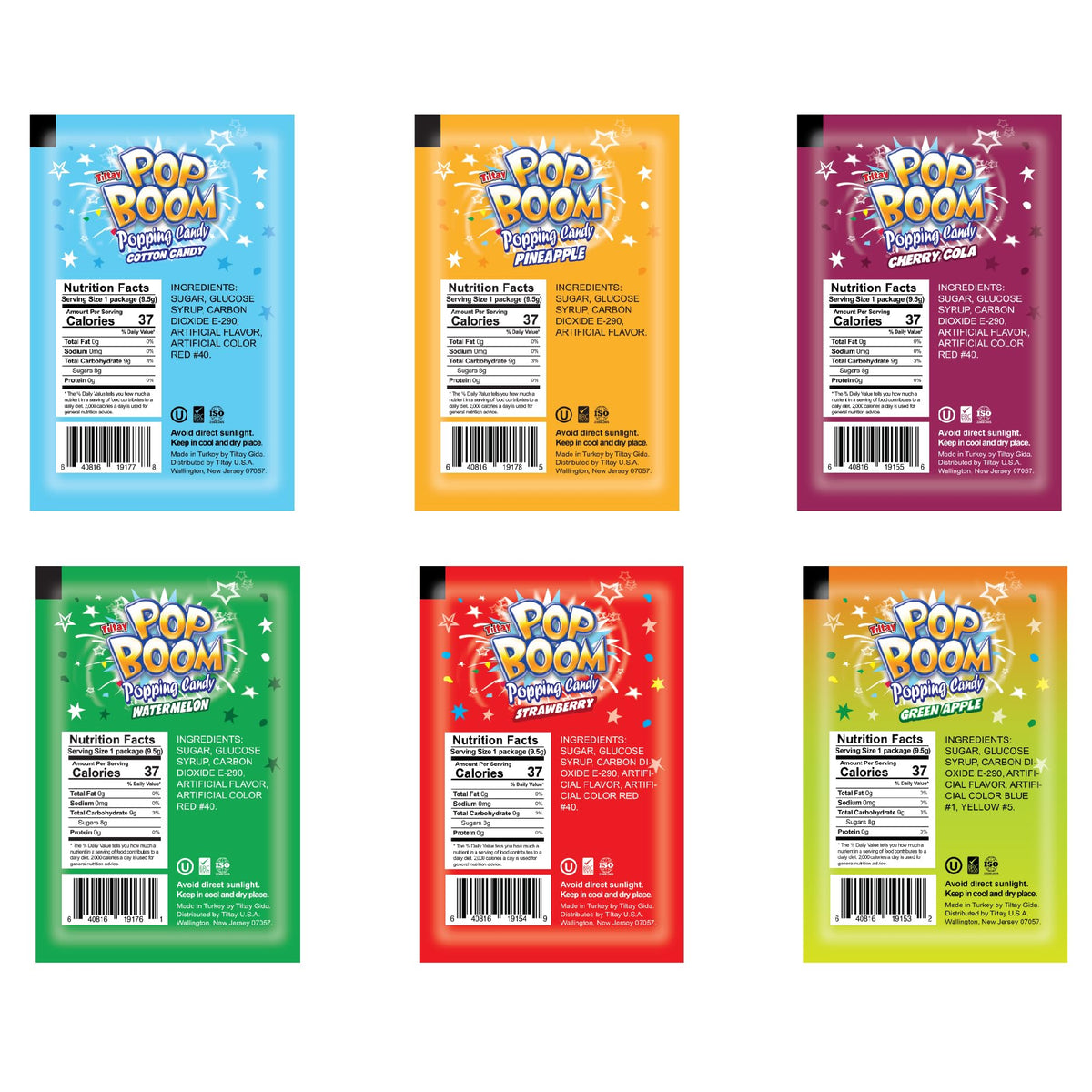 TILTAY POP BOOM candy bag open close-up, colorful popping candy ready to share.