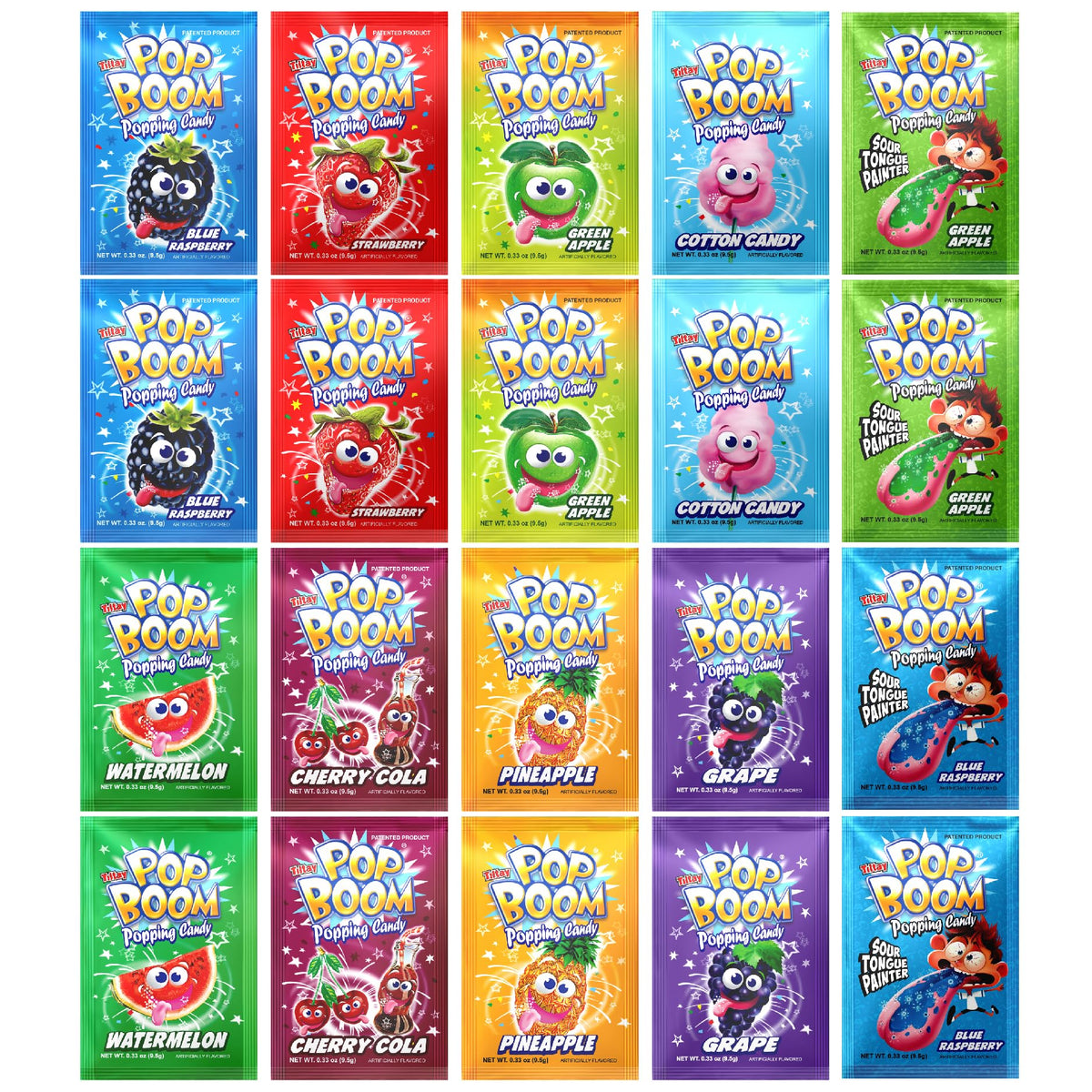 TILTAY POP BOOM variety pack of 20 candies, assorted flavors, ideal for parties.