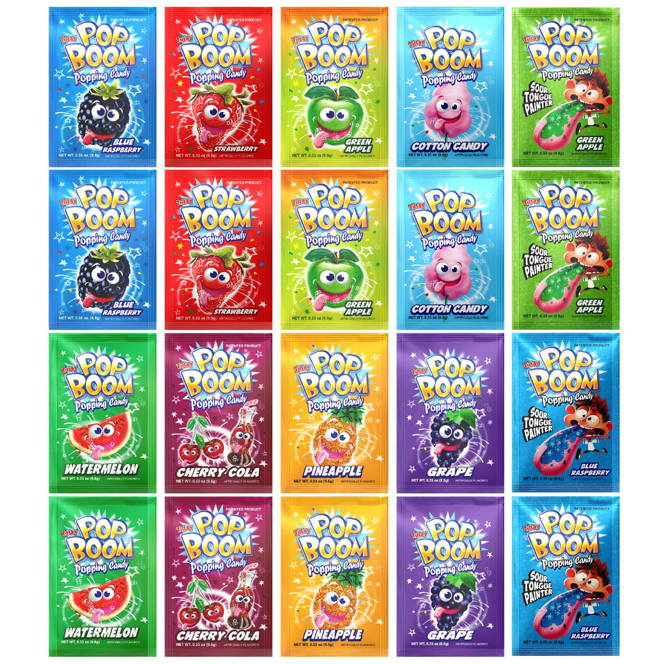 TILTAY POP BOOM variety pack of 20 candies, assorted flavors, ideal for parties.