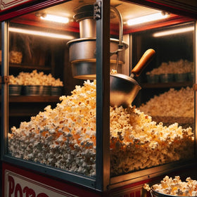 Popcorn machine setup with Carnival King kit for quick batches.