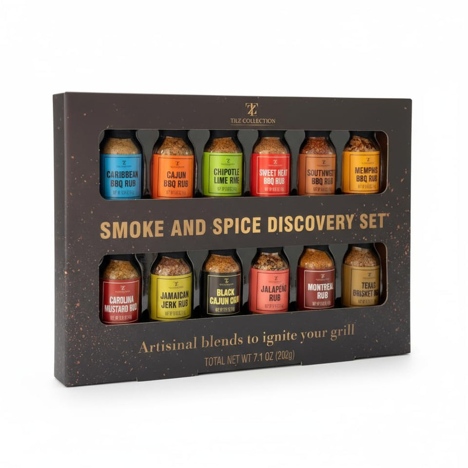 TILZ COLLECTION 12-pack spices gift set on a sleek rack showcasing organized storage and aroma