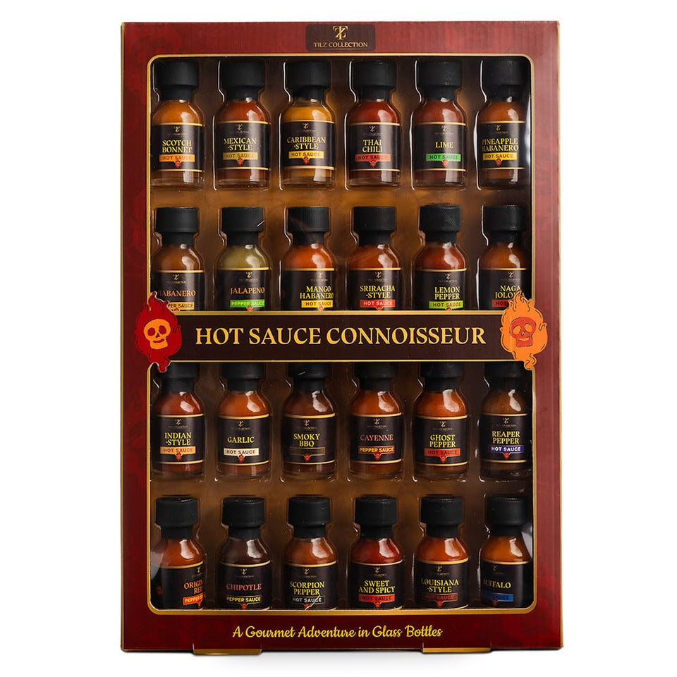 TILZ COLLECTION 24-bottle hot sauce display, ideal for gifting and flavor exploration.
