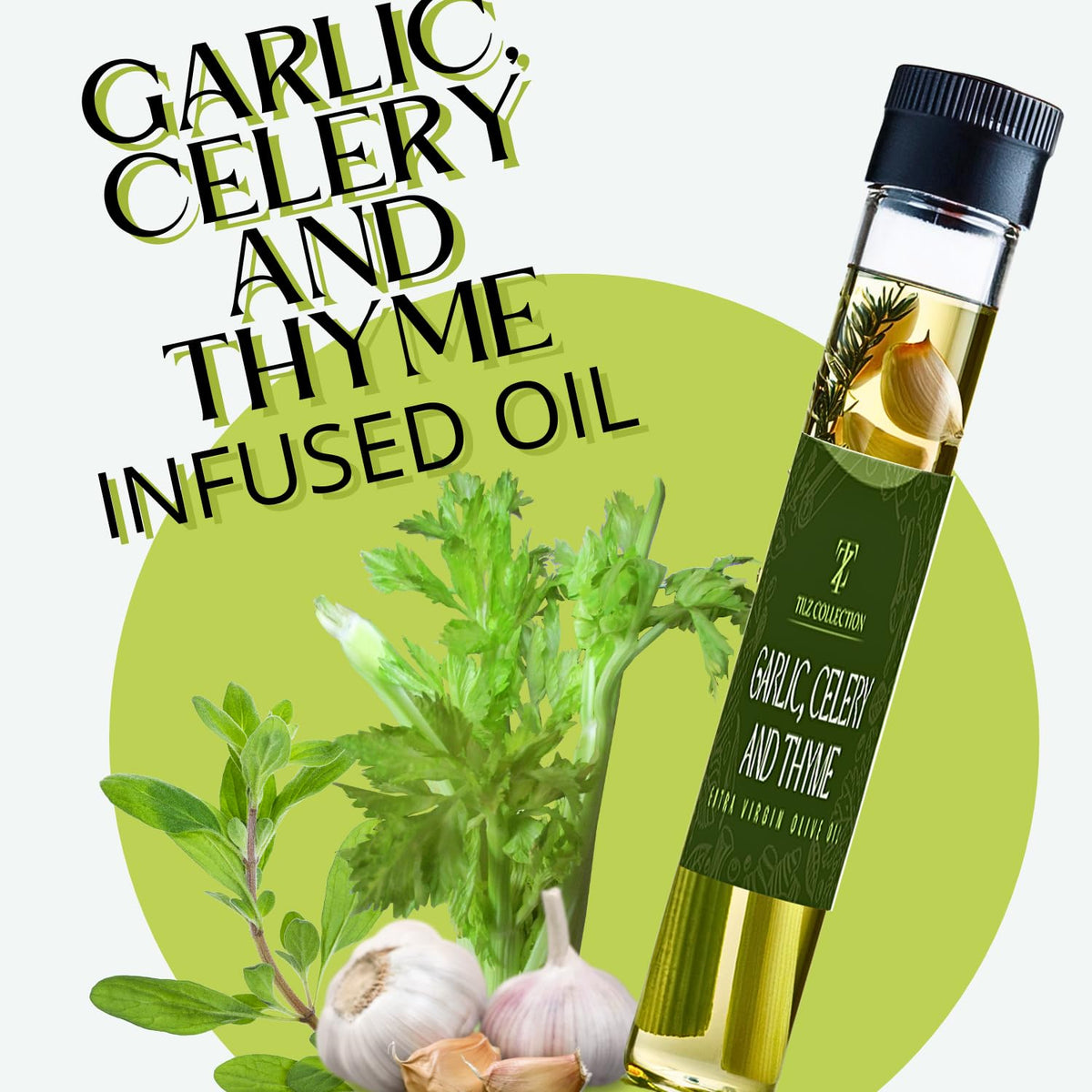 Tilz Collection Rosemary Oil bottle offers fragrant herb notes; ideal for potato roasts and vegetables.