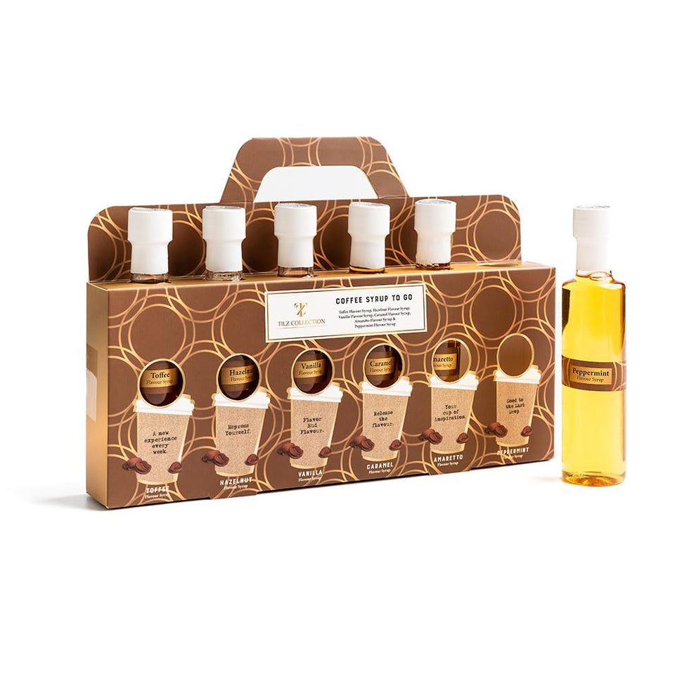 Tilz premium coffee syrup gift set displayed with six flavors for at-home use and gifting.