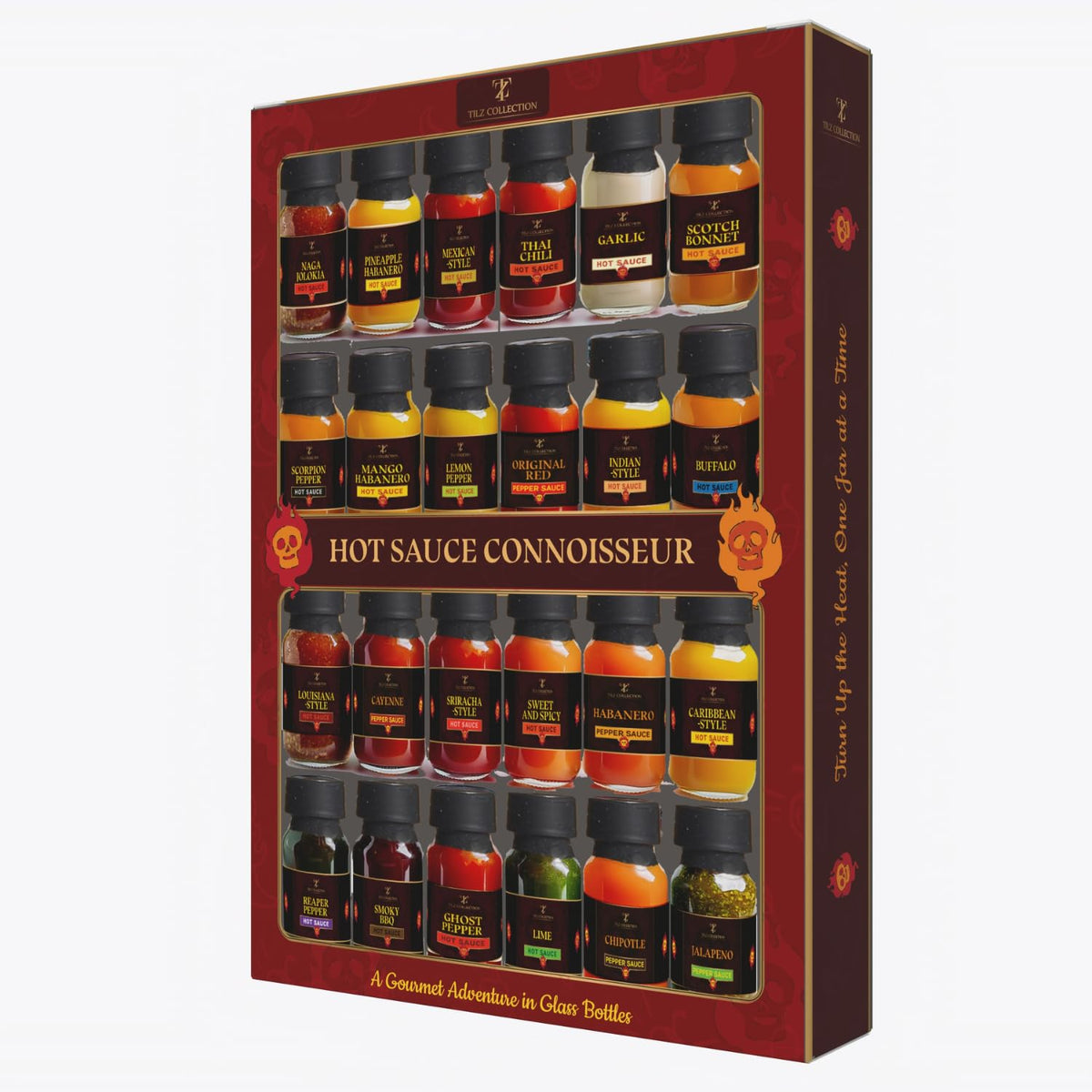 TILZ hot sauce lineup displays variety from mild to extreme heat.