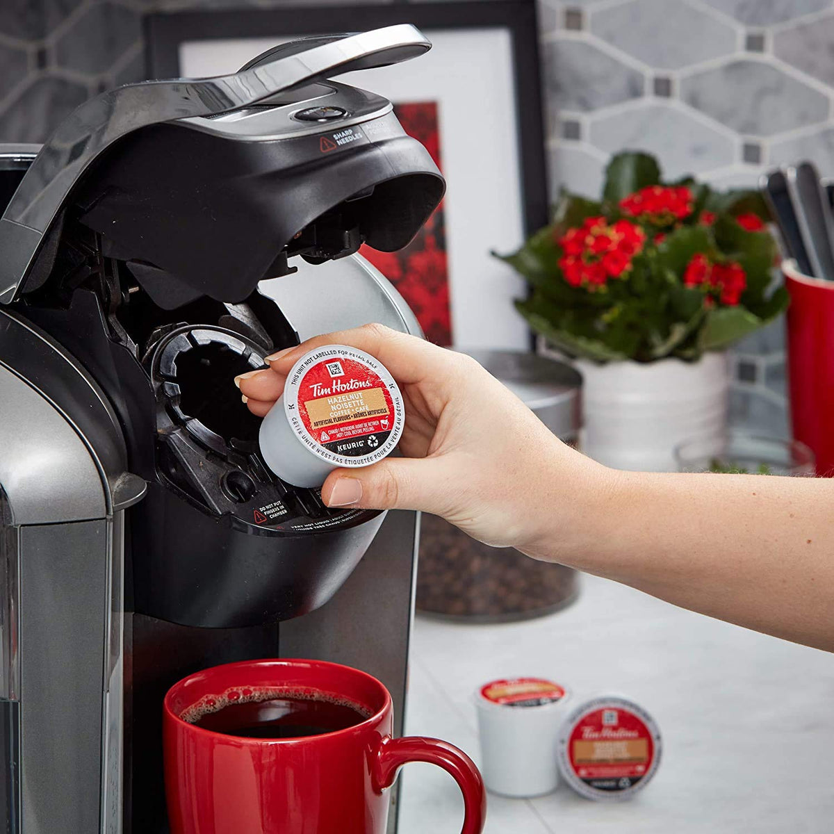 Tim Hortons hazelnut K-Cups in a 6x12 box pack.