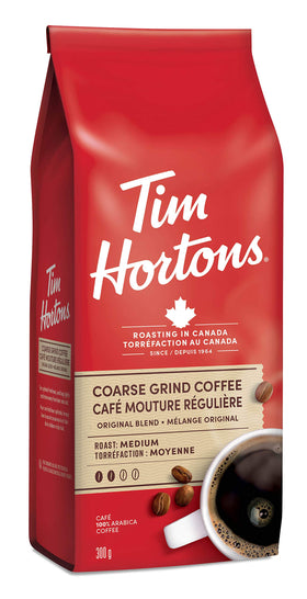 Tim Hortons Coarse Grind Original coffee bag for pantry storage and quick brewing.