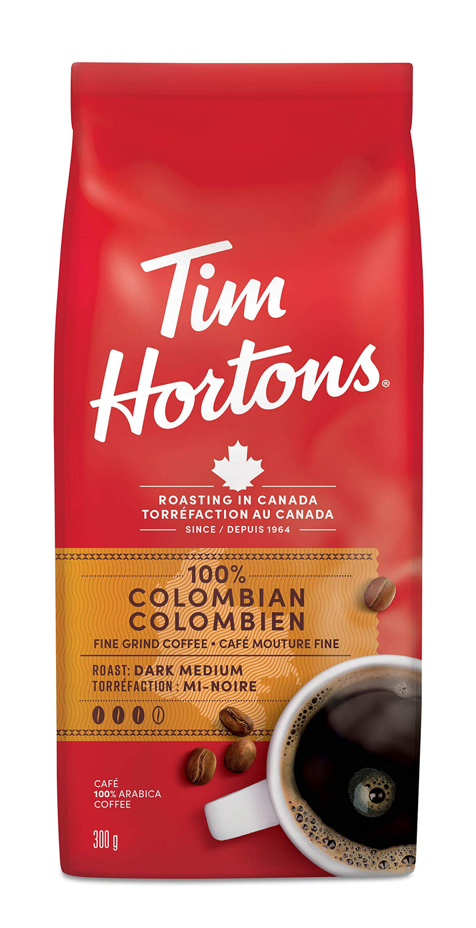 Tim Hortons Colombian coffee bag front view, premium Arabica beans for rich mornings.