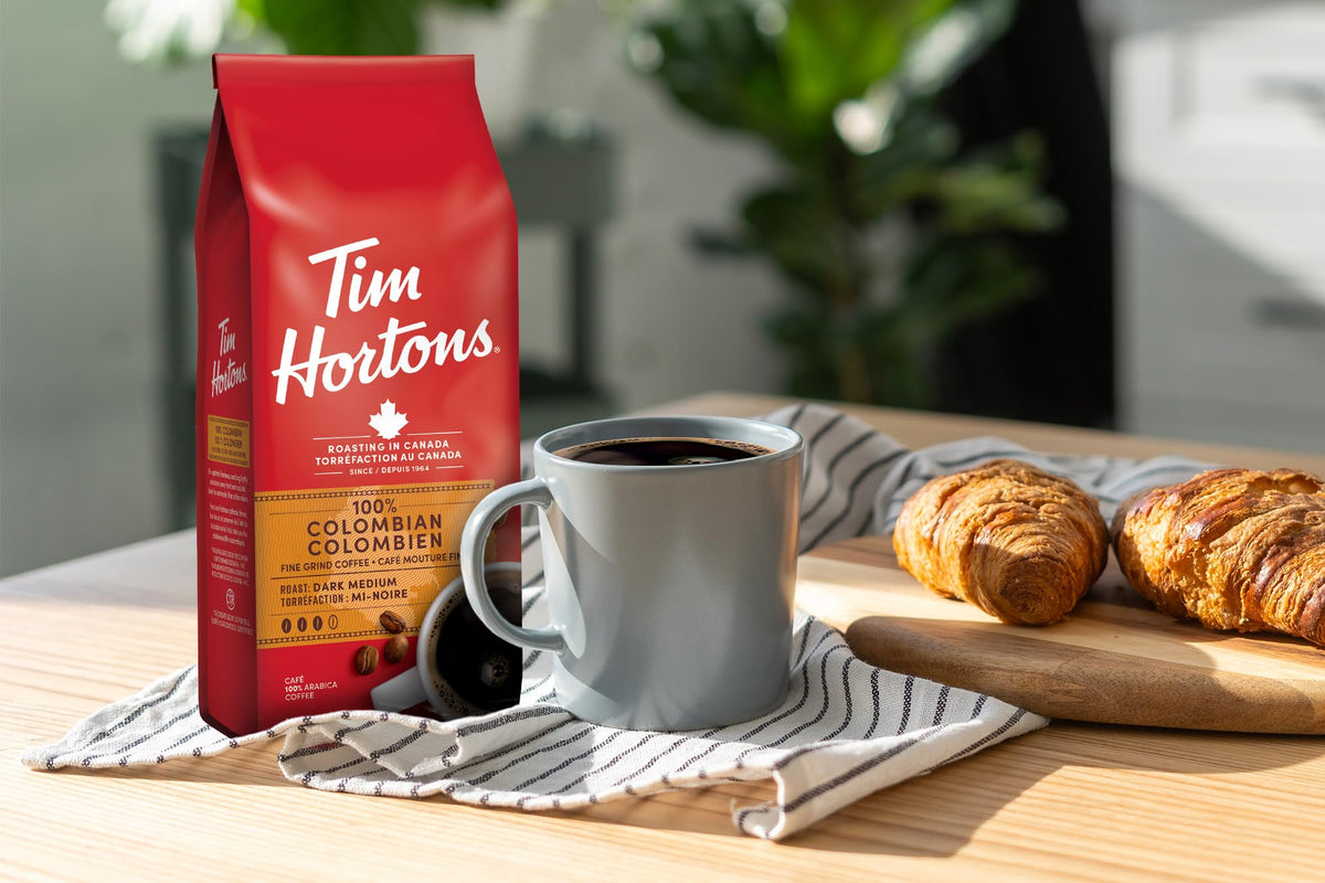 Tim Hortons Colombian coffee cup with steam, crisp flavor ideal for daily rituals.