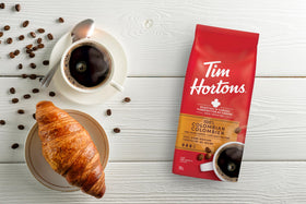 Tim Hortons Colombian coffee grind close-up, fine grind for quick, flavorful extraction.