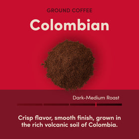 Tim Hortons Colombian Ground Coffee can back, notes on origin support informed brewing.