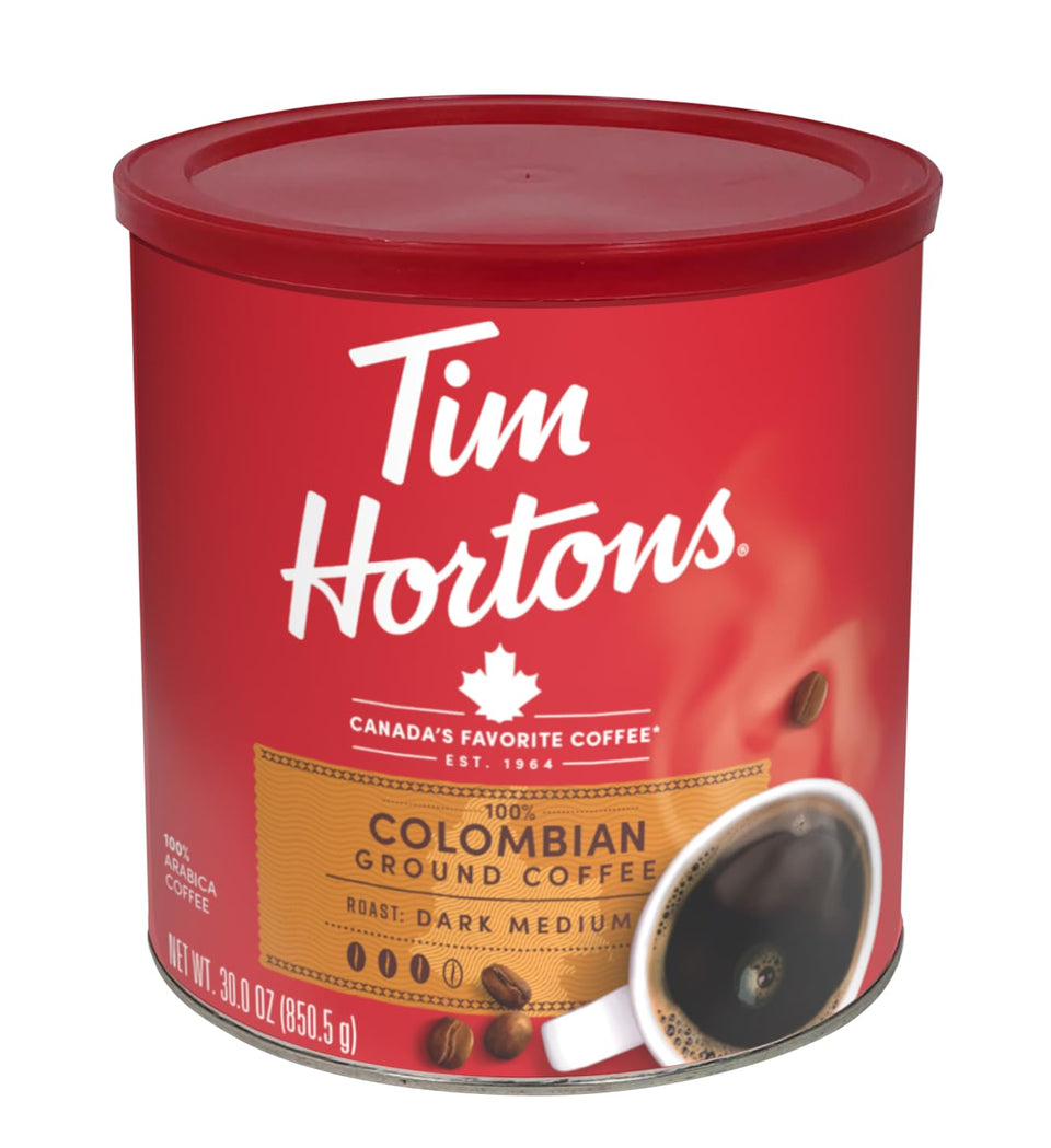 Tim Hortons Colombian Ground Coffee can front, rich aroma ready to brighten your morning.