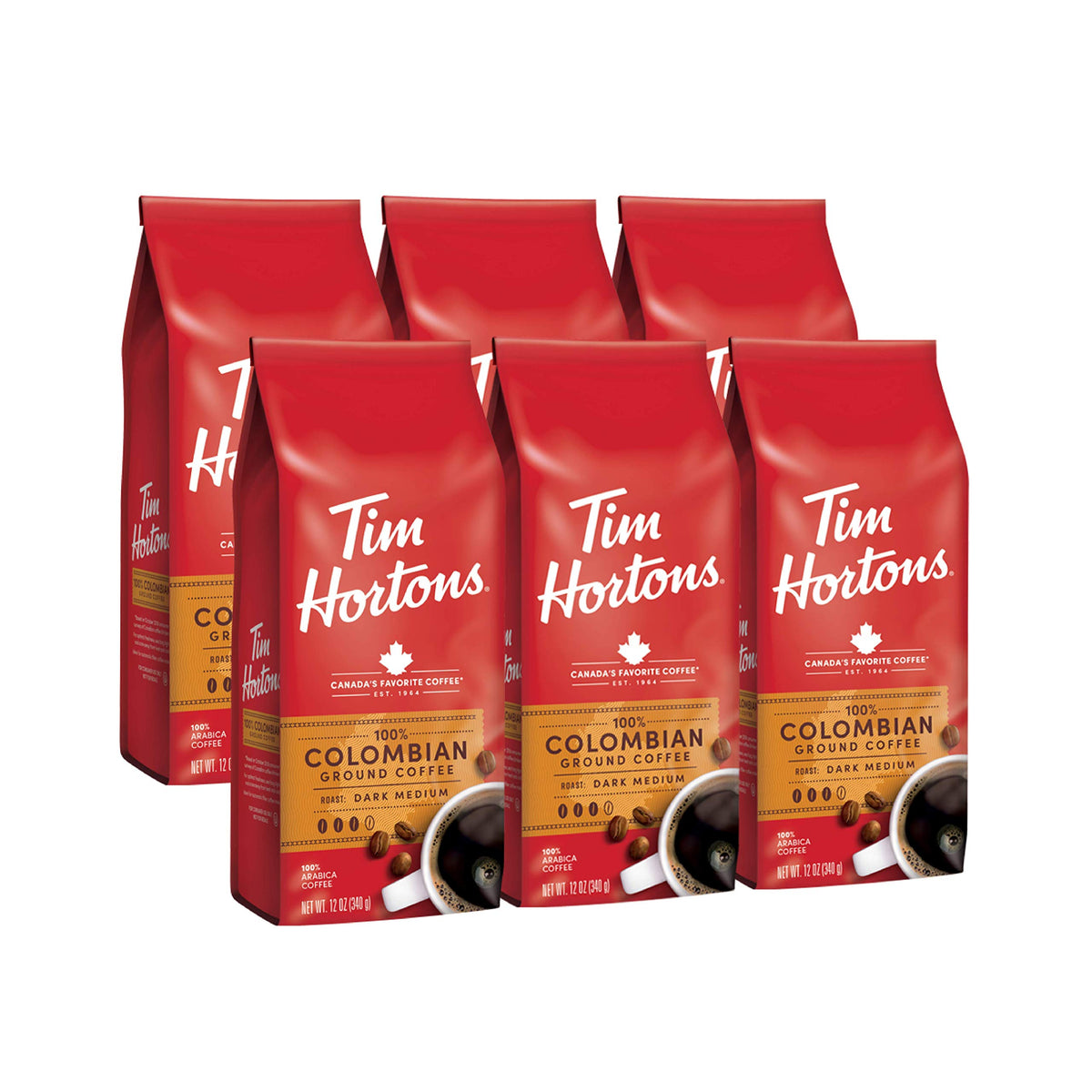 Tim Hortons Colombian ground coffee pack for easy home brewing.