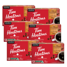 Tim Hortons Colombian medium-dark roast pod pack ready for Keurig brewing with crisp, smooth flavor.