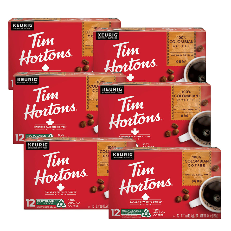 Tim Hortons Colombian medium-dark roast pod pack ready for Keurig brewing with crisp, smooth flavor.