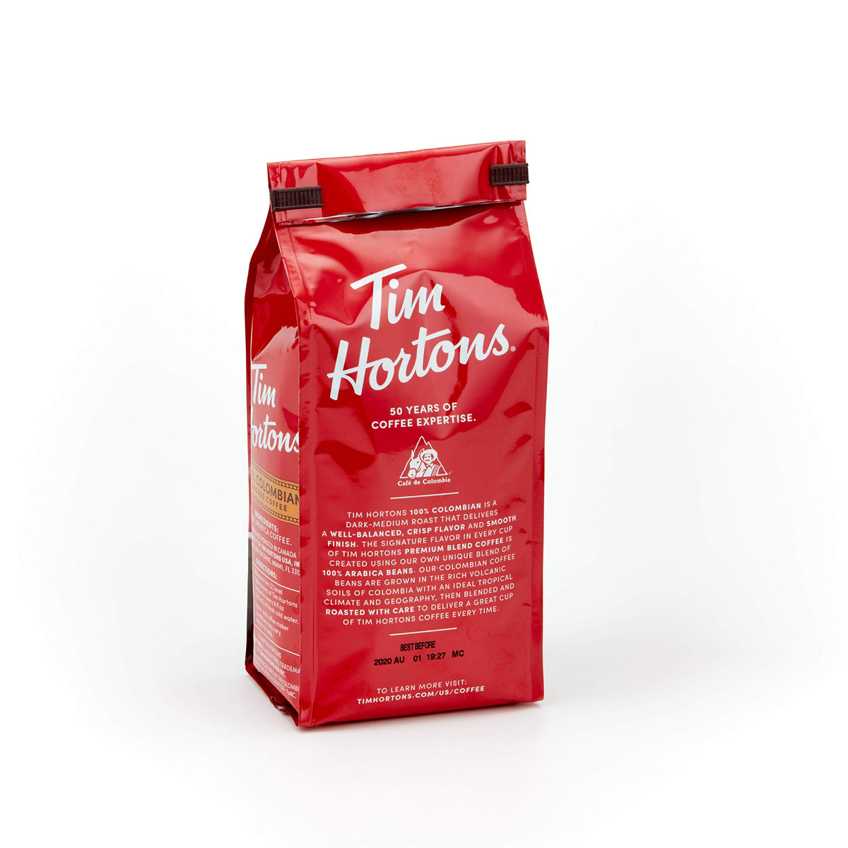 Tim Hortons Colombian medium-dark roast pour-over setup for crisp flavor.