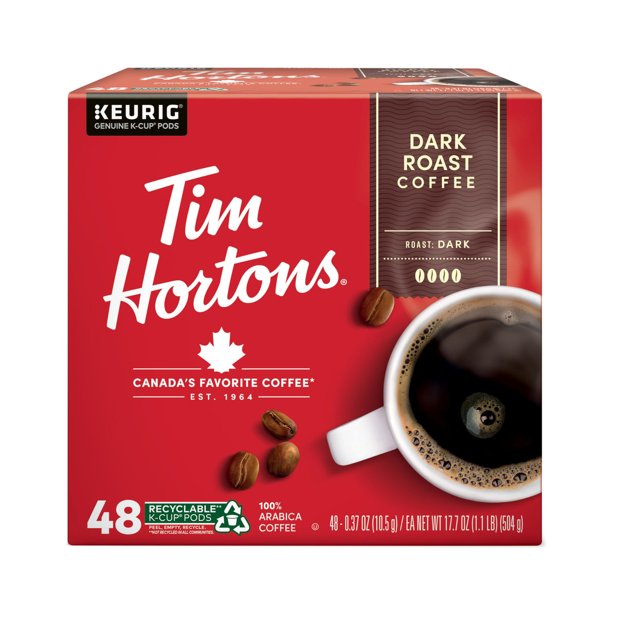 Tim Hortons Dark Roast KCUPs pack shot for quick home brewing