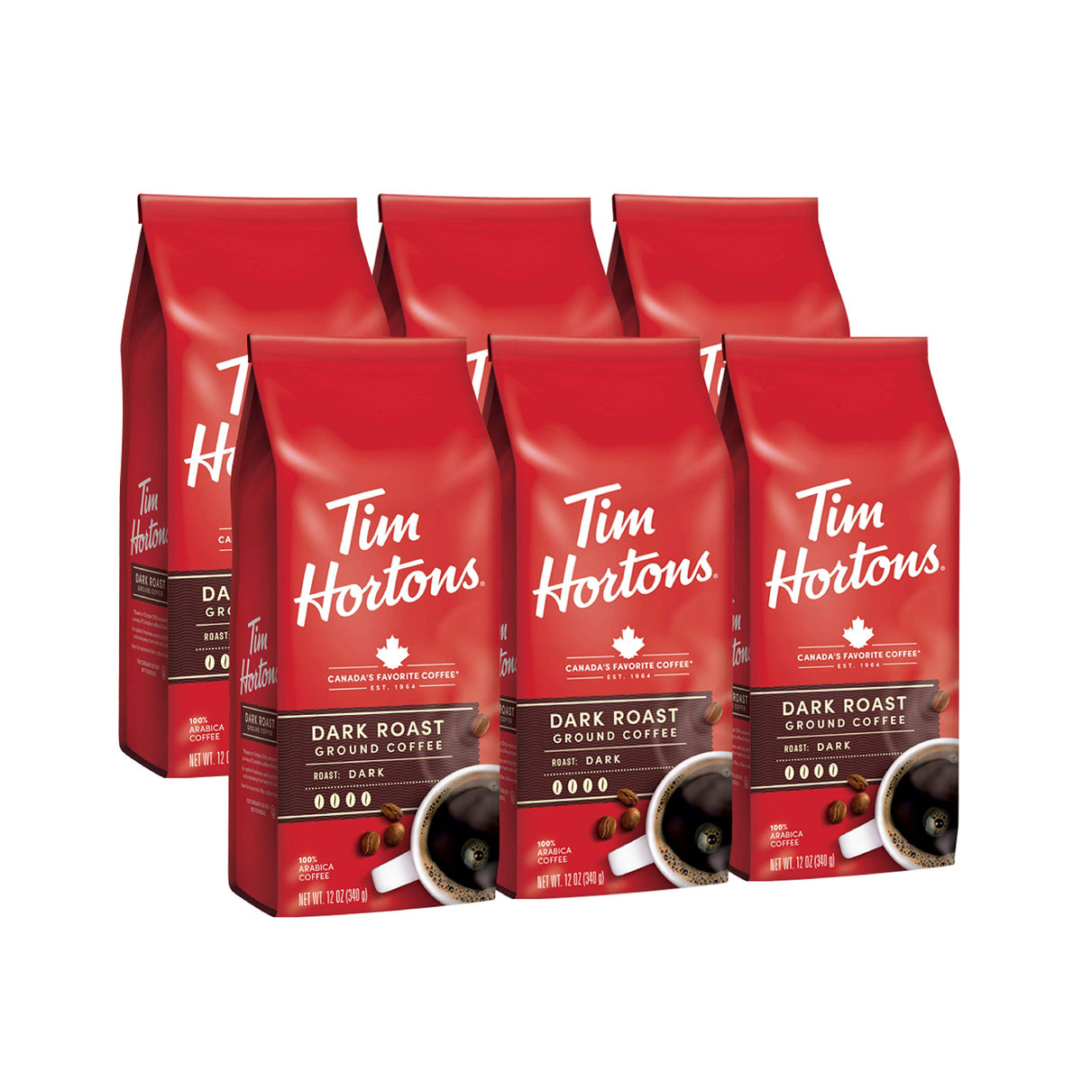 Tim Hortons dark roast coffee pack red packaging for rich, smooth mornings.