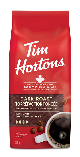 Tim Hortons dark roast coffee packaging front, ideal for easy daily brewing.