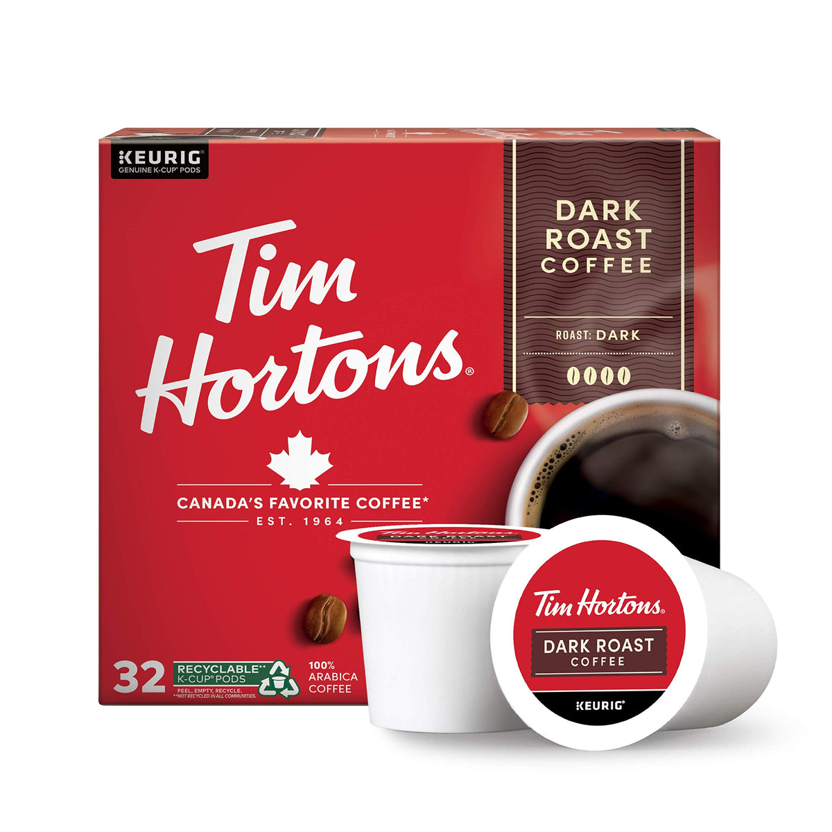 Tim Hortons dark roast coffee pods Keurig-compatible for quick brews.