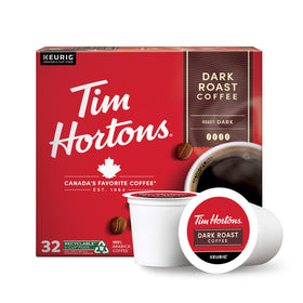 Tim Hortons dark roast coffee pods Keurig-compatible for quick brews.