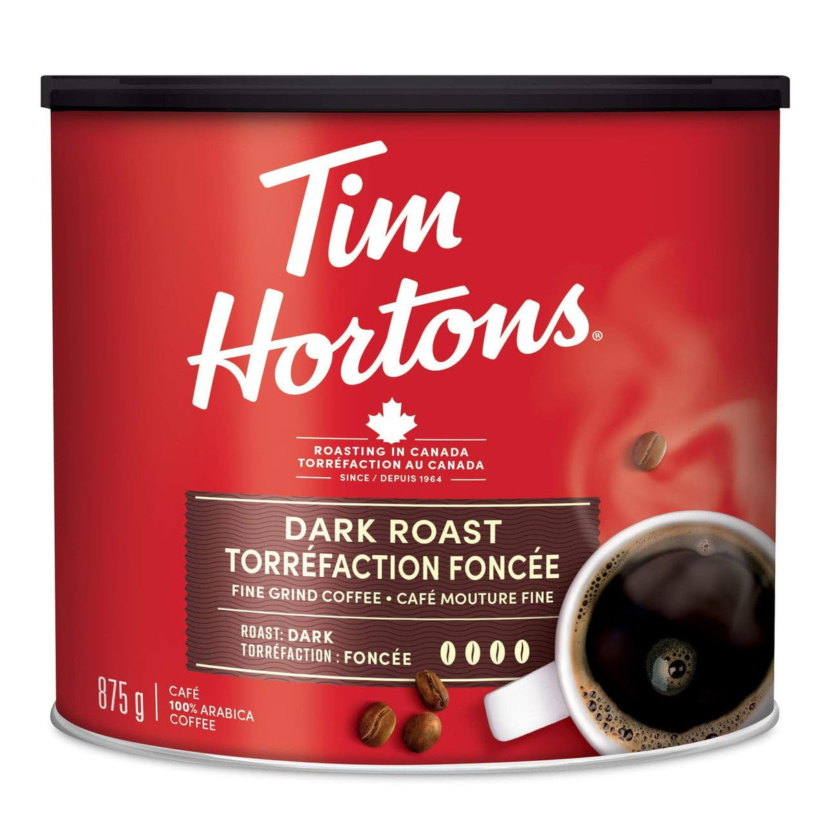 Tim Hortons dark roast ground coffee can front, delivering a smooth, full-bodied cup.