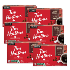 Tim Hortons Dark Roast K-Cup pods compatible with Keurig brewers for quick, rich coffee.