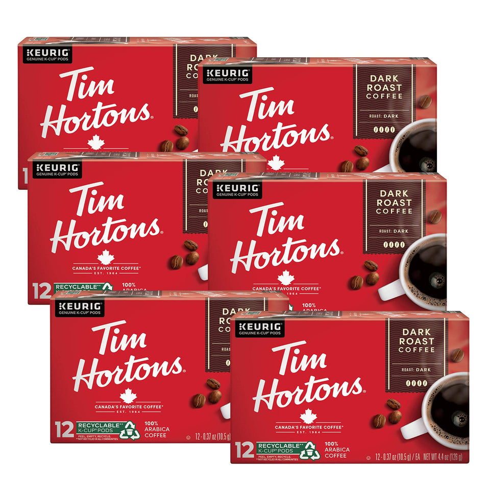 Tim Hortons Dark Roast K-Cup pods compatible with Keurig brewers for quick, rich coffee.